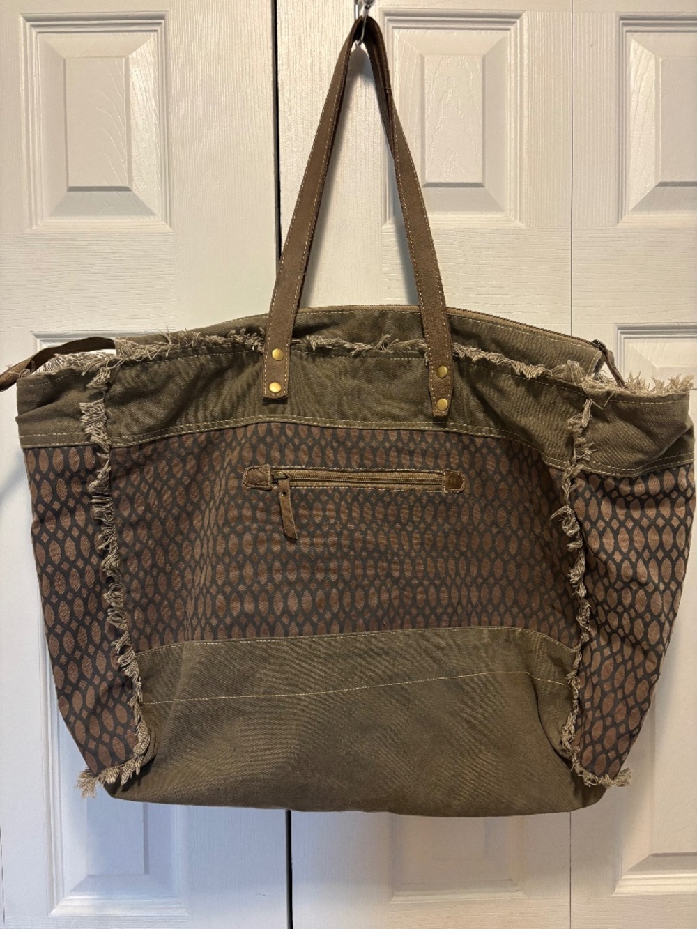 Myra Bag Beehive Print Oversized Weekender Tote Brown Olive Boho Travel Bag